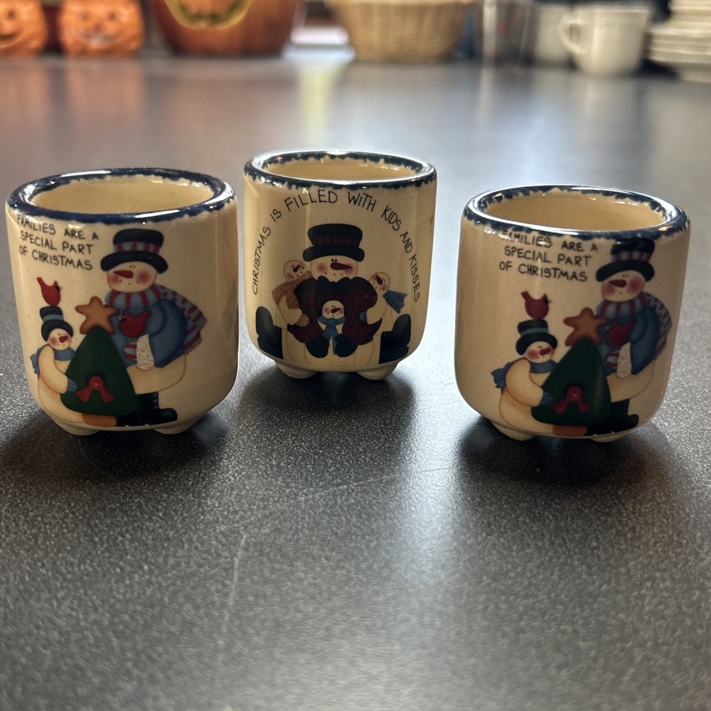 Happy Holidays Set Of 3 Small Christmas Candleholders Snowman Rustic Country